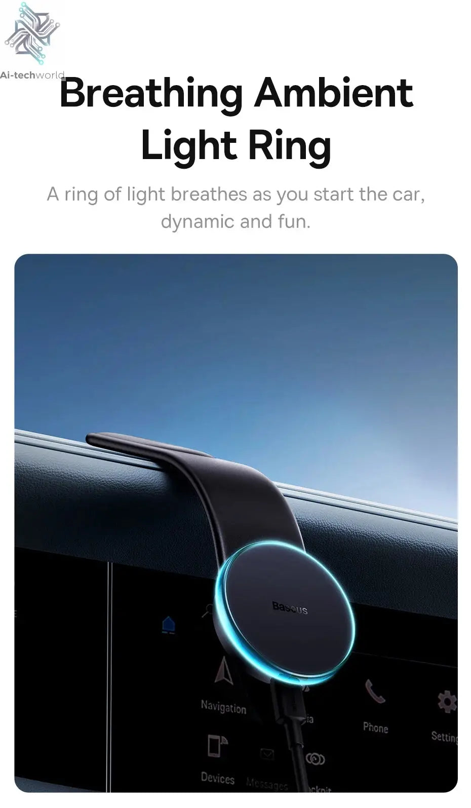 Baseus 15W Magnetic Charging Phone Holder Wireless Charger Phone Bracket for iPhone 12 13 14 15 Pro Max Dashborad Center Console Ai-TechWorld 