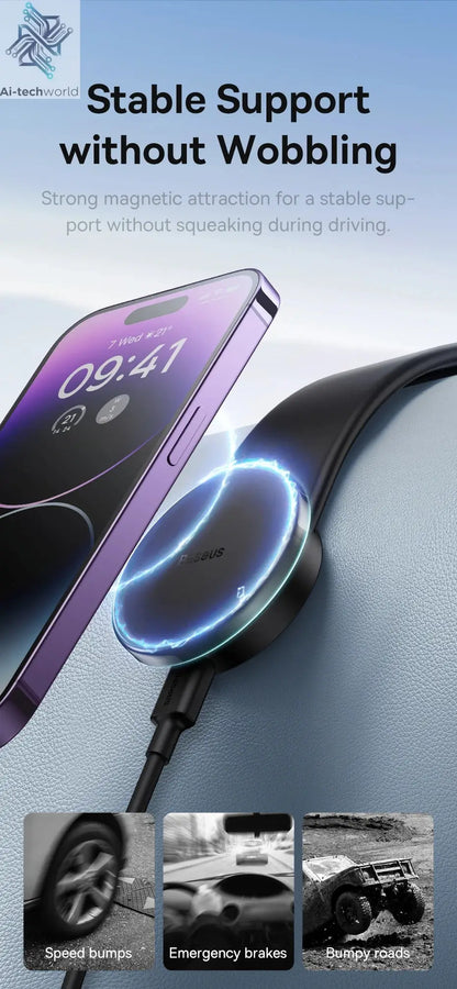 Baseus 15W Magnetic Charging Phone Holder Wireless Charger Phone Bracket for iPhone 12 13 14 15 Pro Max Dashborad Center Console Ai-TechWorld 