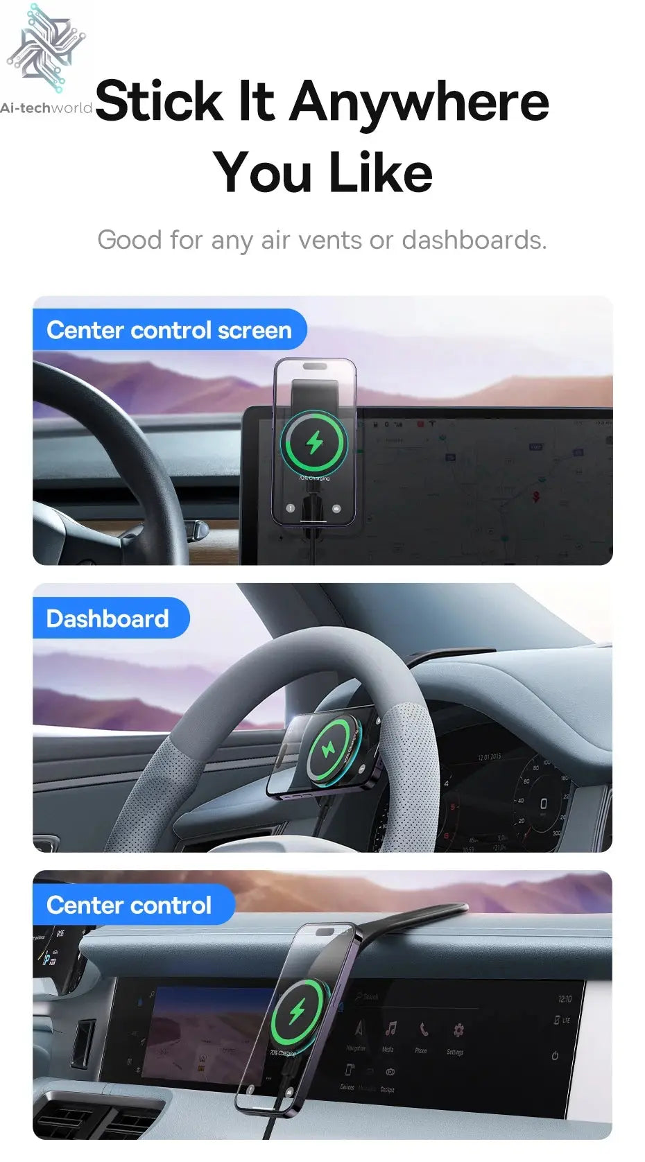 Baseus 15W Magnetic Charging Phone Holder Wireless Charger Phone Bracket for iPhone 12 13 14 15 Pro Max Dashborad Center Console Ai-TechWorld 