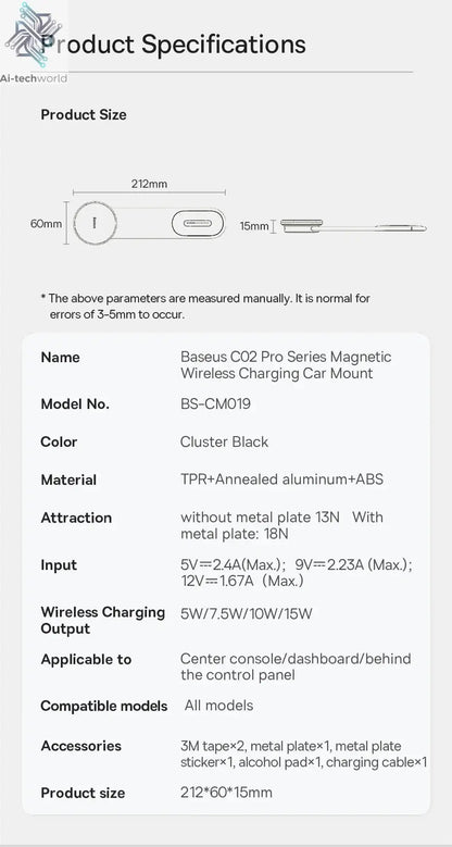 Baseus 15W Magnetic Charging Phone Holder Wireless Charger Phone Bracket for iPhone 12 13 14 15 Pro Max Dashborad Center Console Ai-TechWorld 