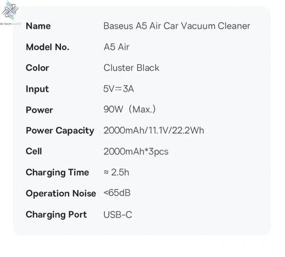 Baseus A5 Air Car Vacuum Cleaner 2-in-1 Powerful Wireless Cleaner Strong Suction Handheld Car Cleaning Portable Home Appliance Ai-TechWorld 
