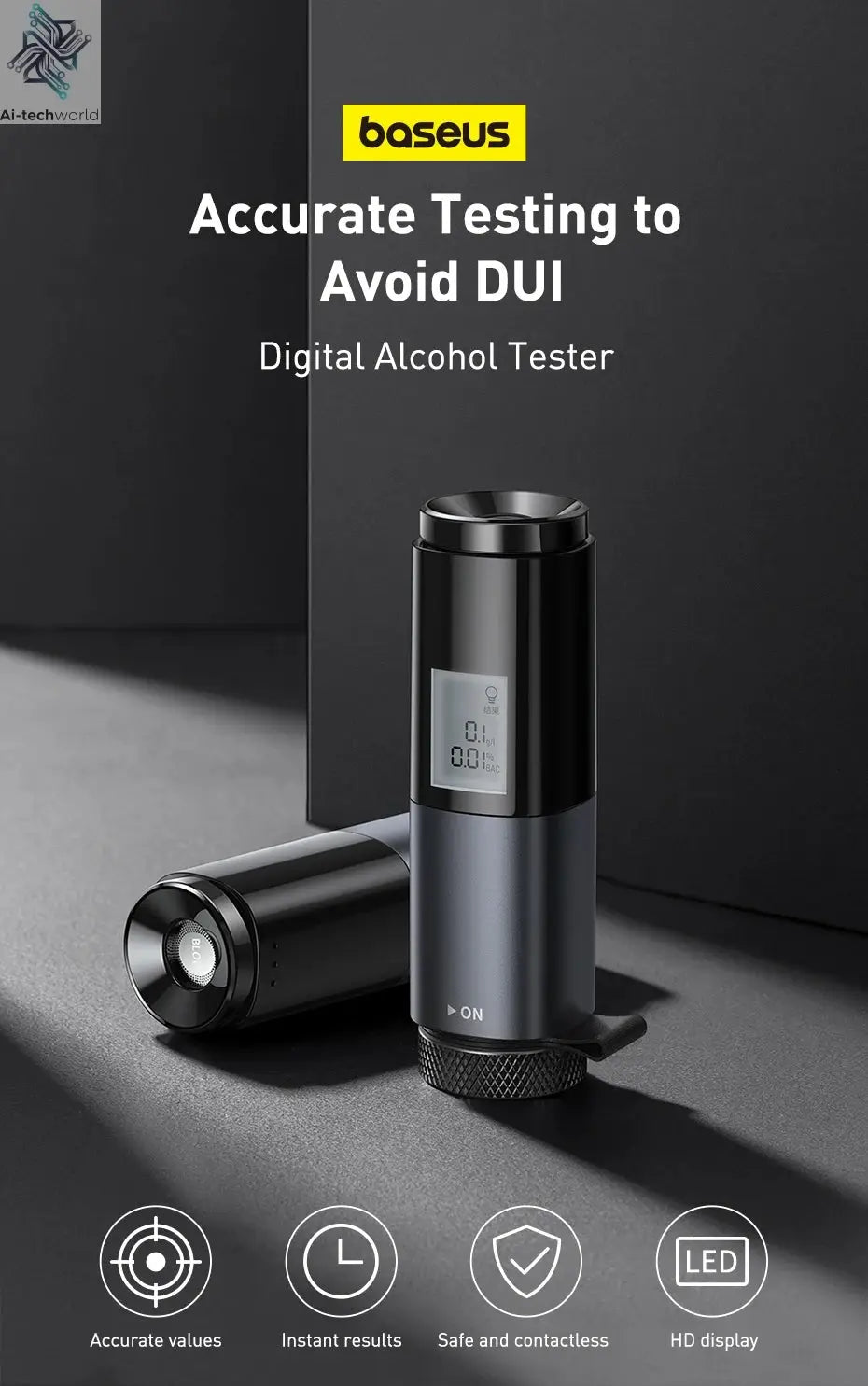 Baseus LED Display Automatic Alcohol Tester Professional Breath Alcohol Tester Rechargeable Breathalyzer Alcohol Test Tools Ai-TechWorld 