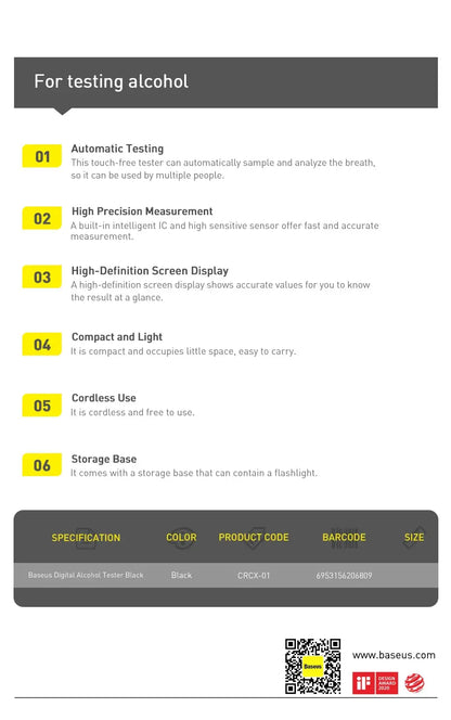 Baseus LED Display Automatic Alcohol Tester Professional Breath Alcohol Tester Rechargeable Breathalyzer Alcohol Test Tools Ai-TechWorld 