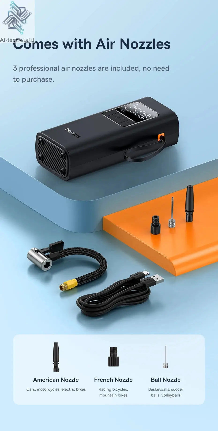 Baseus Wireless Air Pump Portable Tire Inflator Air Compressor with Digital Display for Car Motorcycles Bicycle Electric Pump Ai-TechWorld 