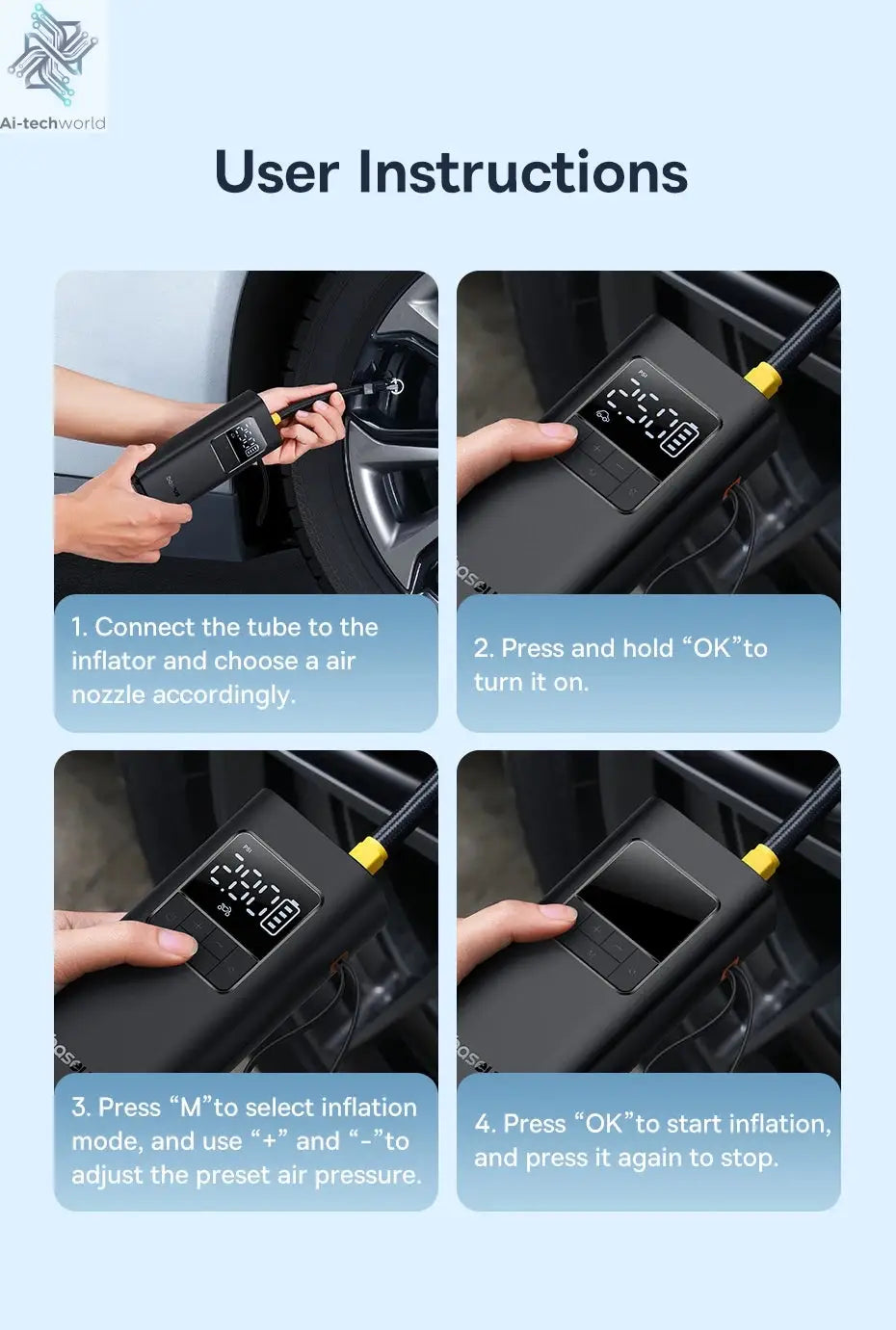 Baseus Wireless Air Pump Portable Tire Inflator Air Compressor with Digital Display for Car Motorcycles Bicycle Electric Pump Ai-TechWorld 