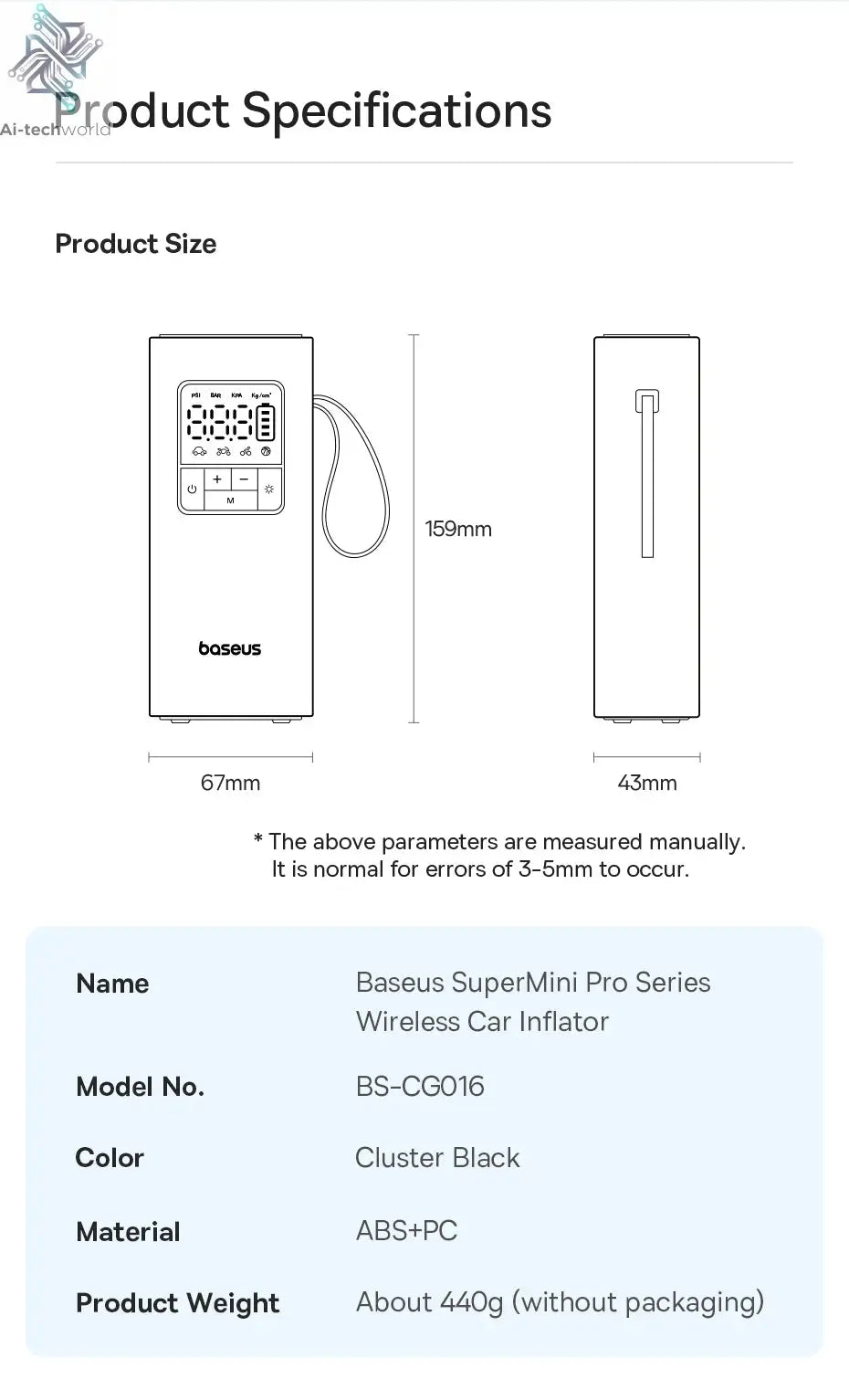 Baseus Wireless Air Pump Portable Tire Inflator Air Compressor with Digital Display for Car Motorcycles Bicycle Electric Pump Ai-TechWorld 
