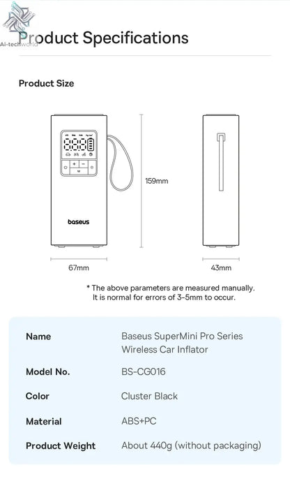 Baseus Wireless Air Pump Portable Tire Inflator Air Compressor with Digital Display for Car Motorcycles Bicycle Electric Pump Ai-TechWorld 