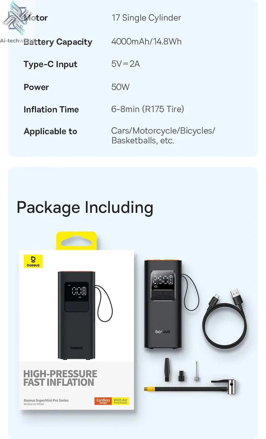 Baseus Wireless Air Pump Portable Tire Inflator Air Compressor with Digital Display for Car Motorcycles Bicycle Electric Pump Ai-TechWorld 