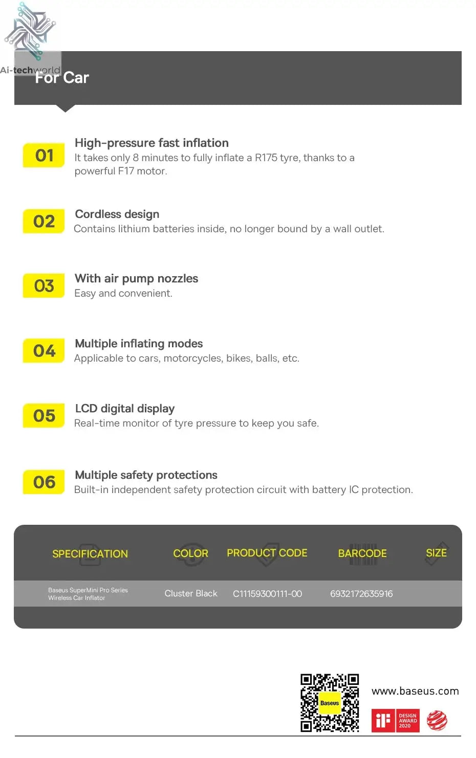 Baseus Wireless Air Pump Portable Tire Inflator Air Compressor with Digital Display for Car Motorcycles Bicycle Electric Pump Ai-TechWorld 