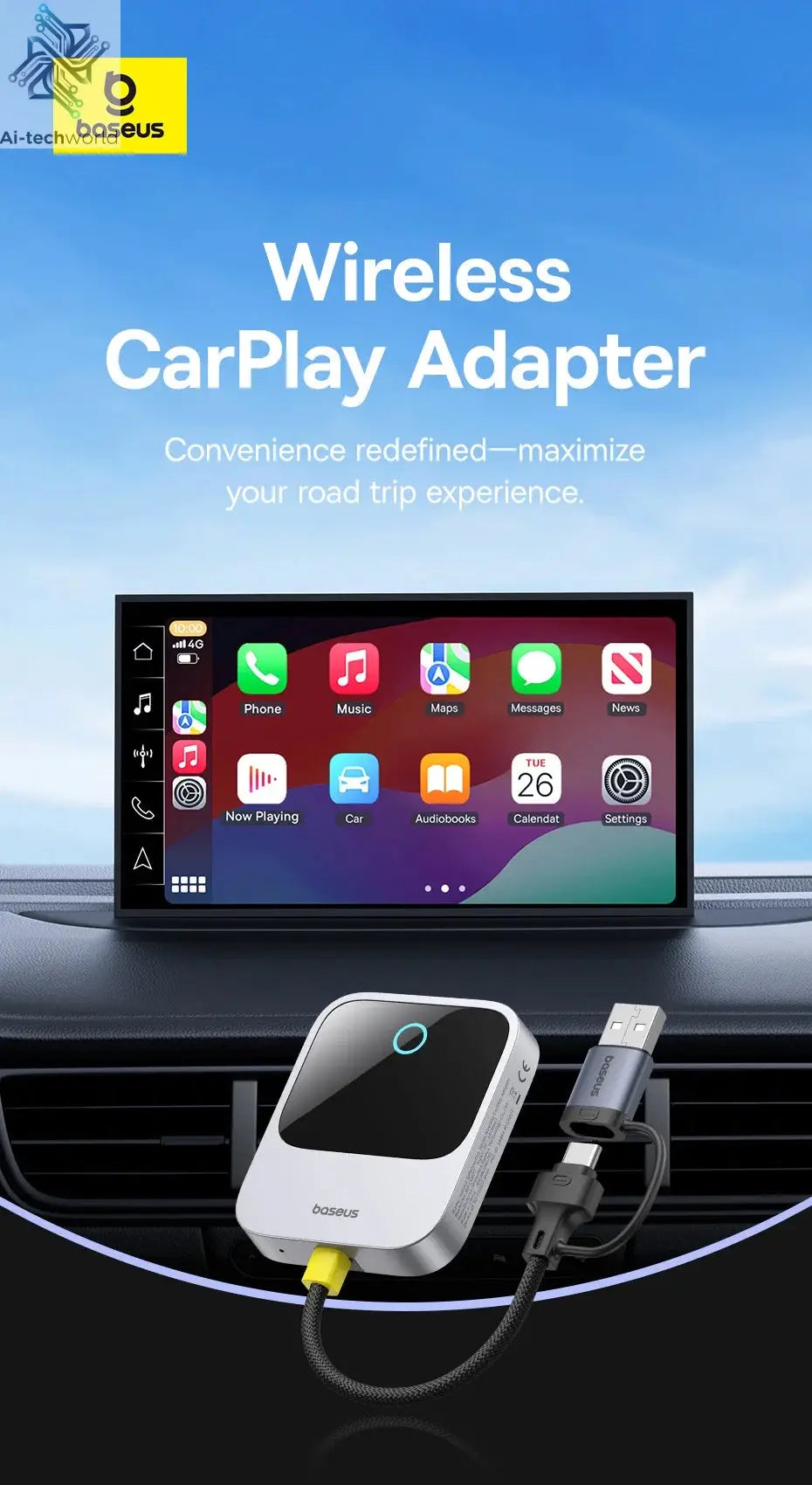 Baseus Wireless CarPlay Wired to Wireless CarPlay Adapter Auto Connect Car Intelligent Systems Plug&Play Bluetooth Smart CarPlay Ai-TechWorld 