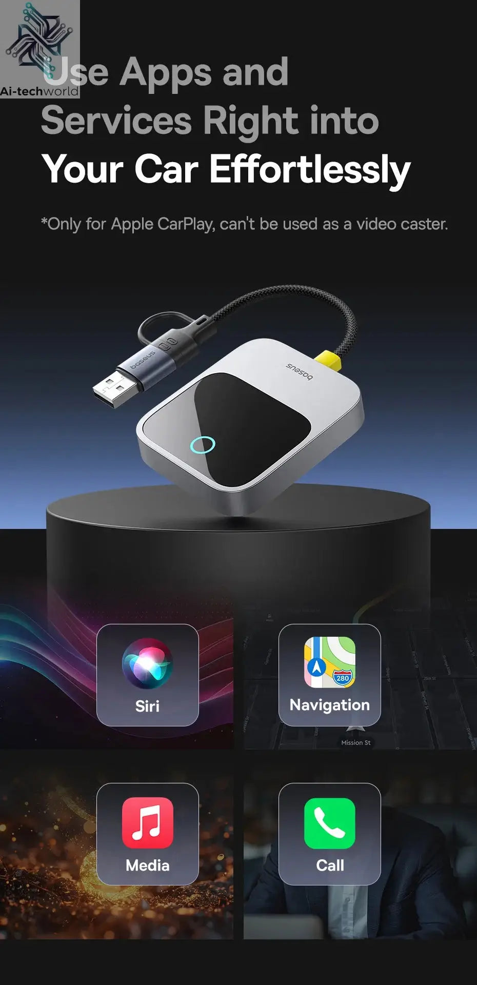 Baseus Wireless CarPlay Wired to Wireless CarPlay Adapter Auto Connect Car Intelligent Systems Plug&Play Bluetooth Smart CarPlay Ai-TechWorld 