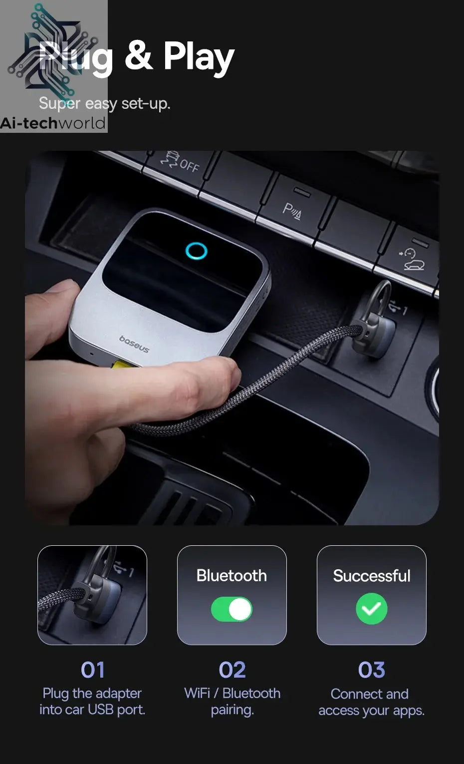 Baseus Wireless CarPlay Wired to Wireless CarPlay Adapter Auto Connect Car Intelligent Systems Plug&Play Bluetooth Smart CarPlay Ai-TechWorld 