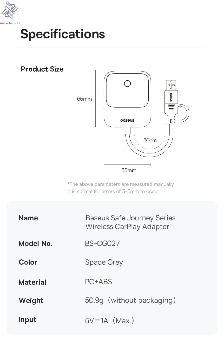 Baseus Wireless CarPlay Wired to Wireless CarPlay Adapter Auto Connect Car Intelligent Systems Plug&Play Bluetooth Smart CarPlay Ai-TechWorld 