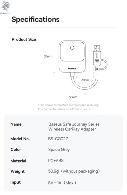 Baseus Wireless CarPlay Wired to Wireless CarPlay Adapter Auto Connect Car Intelligent Systems Plug&Play Bluetooth Smart CarPlay Ai-TechWorld 