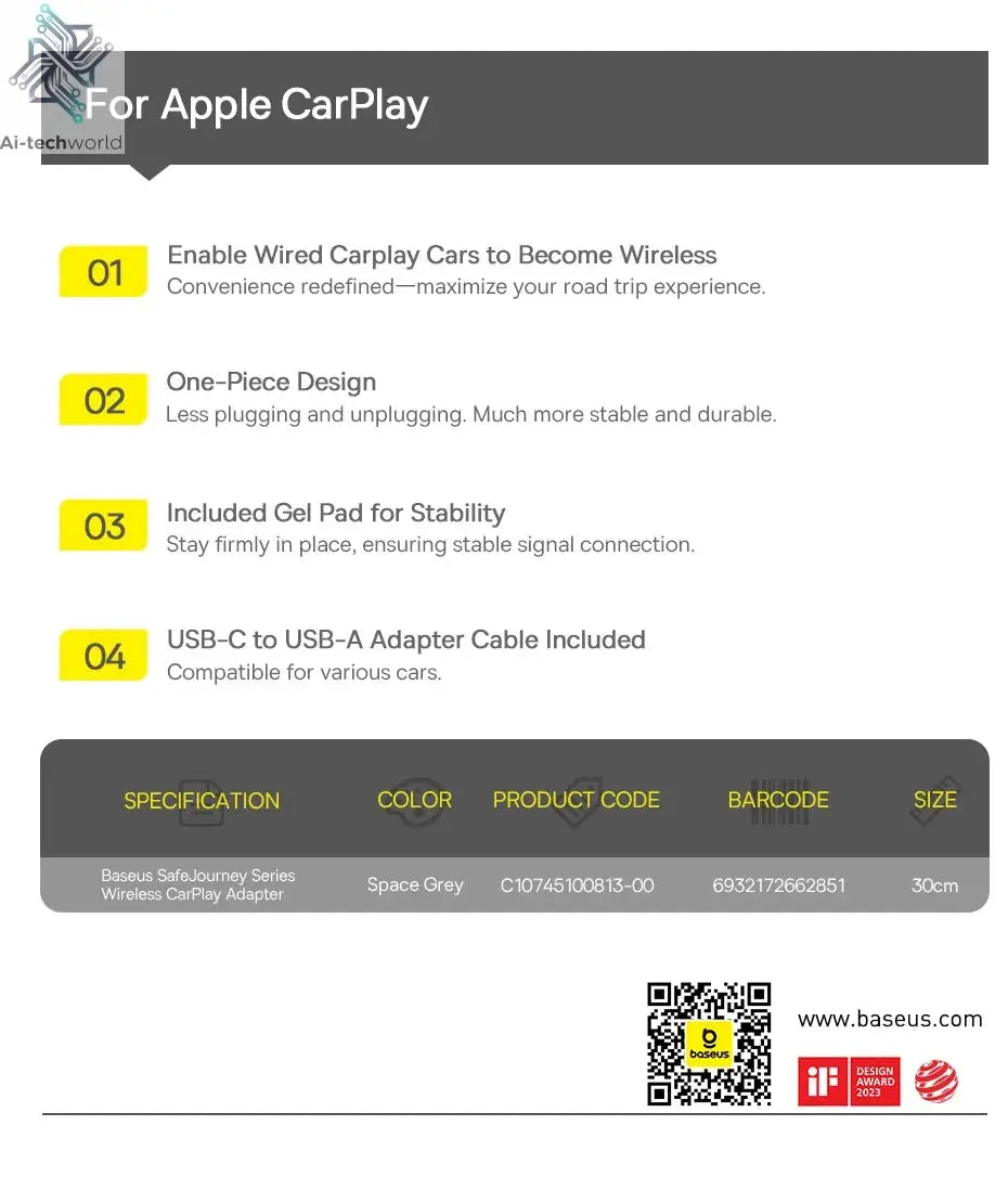 Baseus Wireless CarPlay Wired to Wireless CarPlay Adapter Auto Connect Car Intelligent Systems Plug&Play Bluetooth Smart CarPlay Ai-TechWorld 
