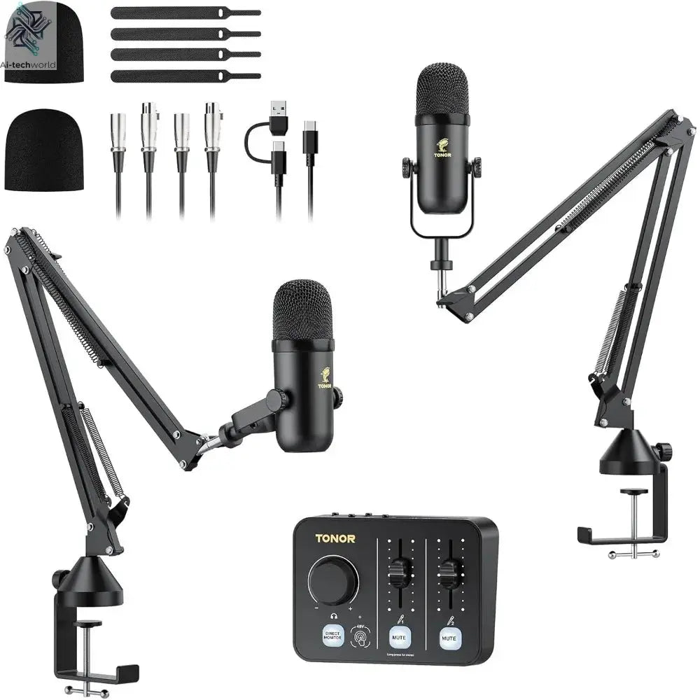 Best - Podcast Equipment Bundle for 2, Audio Mixer with 2 Dynamic Microphone and 2 Boom Arm Set, XLR Mic with Studio Ai-TechWorld