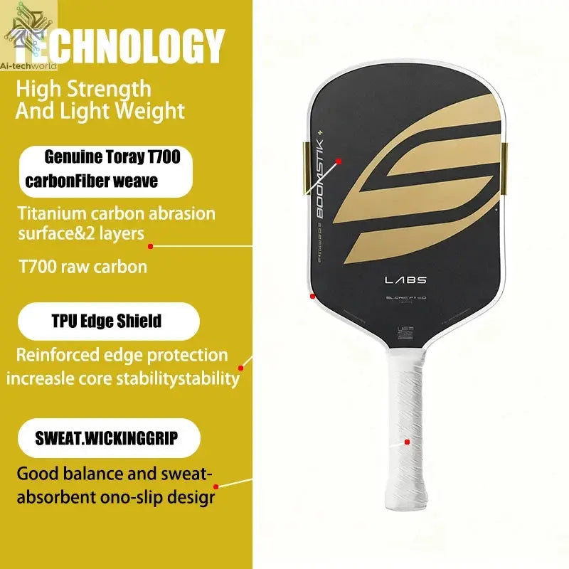 Boomsti Gold Paddle: T700 carbon fiber & EPP+EVA face. Light, durable for all levels. Non-slip grip & LABS multi-layer surface. Ai-TechWorld 