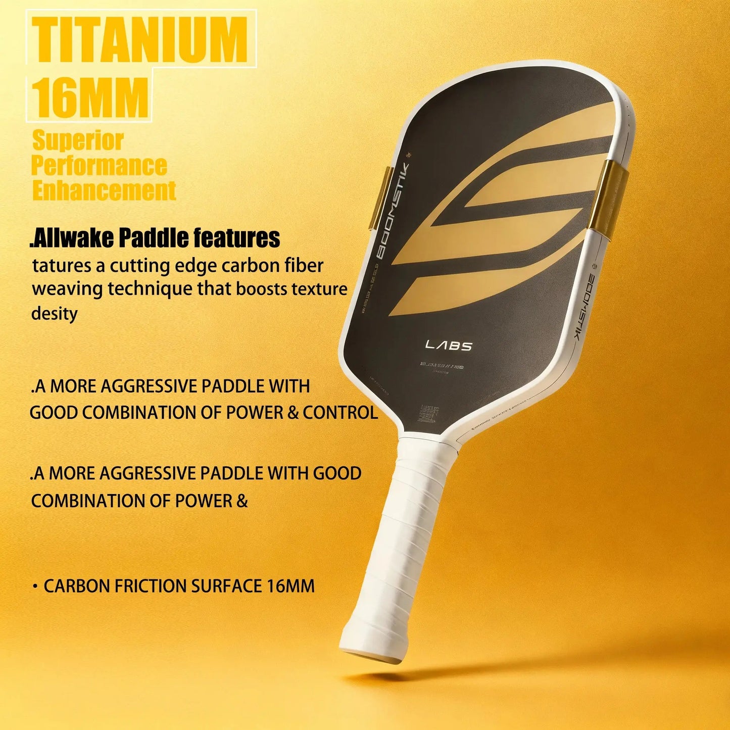 Boomsti Gold Paddle: T700 carbon fiber & EPP+EVA face. Light, durable for all levels. Non-slip grip & LABS multi-layer surface. Ai-TechWorld 