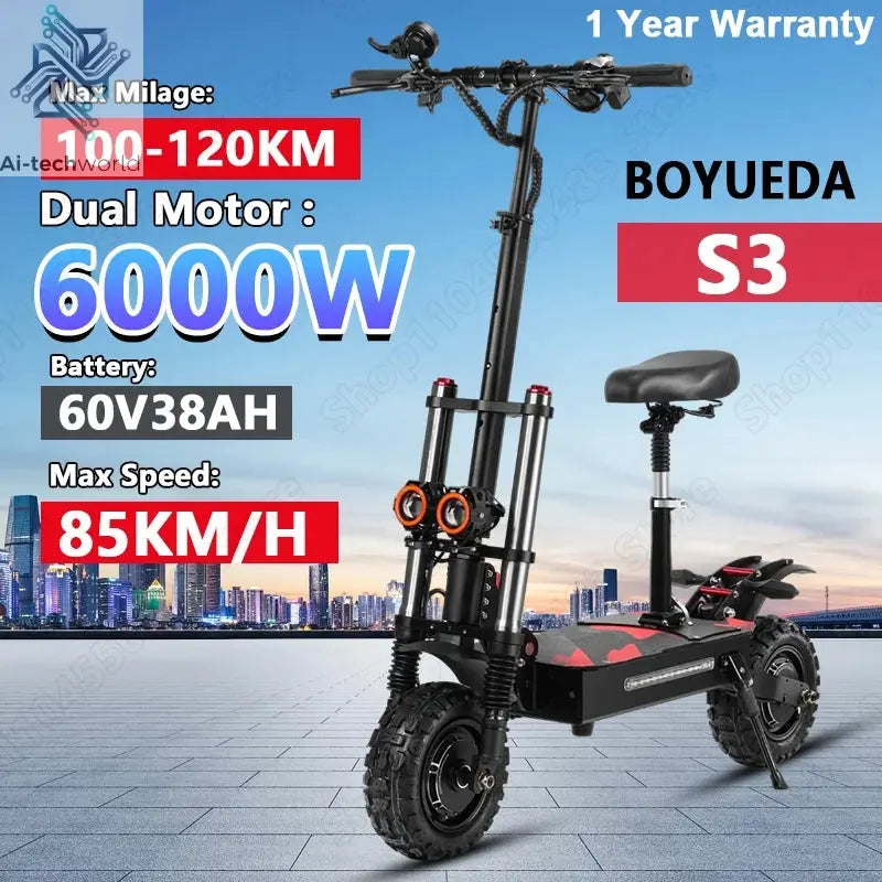 Boyueda S3 EScooters 6000W Dual Motor 60V38ah Hydraulic Oil Brake Electric Scooter Aldult 11 Inch Off-road Vacuum Tire E-Scooter Ai-TechWorld 