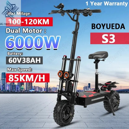 Boyueda S3 EScooters 6000W Dual Motor 60V38ah Hydraulic Oil Brake Electric Scooter Aldult 11 Inch Off-road Vacuum Tire E-Scooter Ai-TechWorld 