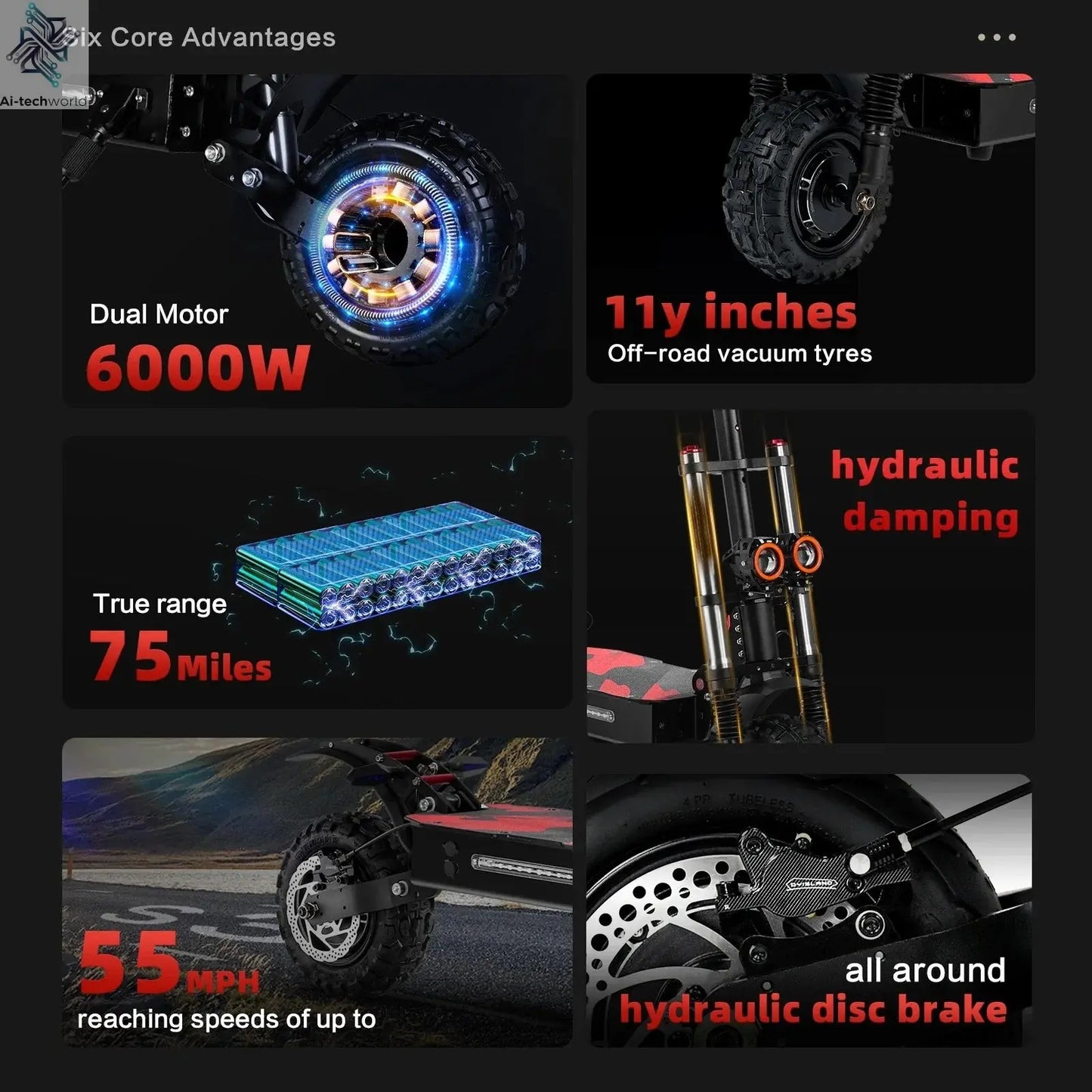 Boyueda S3 EScooters 6000W Dual Motor 60V38ah Hydraulic Oil Brake Electric Scooter Aldult 11 Inch Off-road Vacuum Tire E-Scooter Ai-TechWorld 