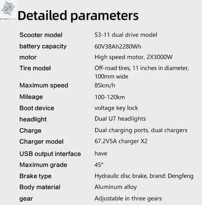 Boyueda S3 EScooters 6000W Dual Motor 60V38ah Hydraulic Oil Brake Electric Scooter Aldult 11 Inch Off-road Vacuum Tire E-Scooter Ai-TechWorld 