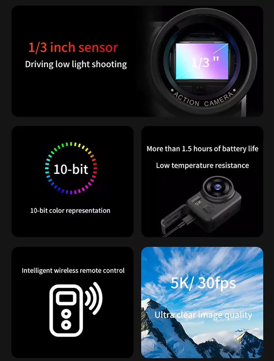 CERASTES V10 5K Action Camera Electronic Image Stabilization 2" Touch LCD 4K Waterproof Action Camera Dashcam Motion Detection Ai-TechWorld 