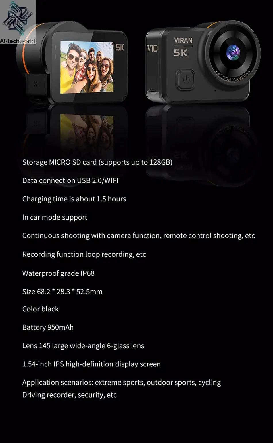 CERASTES V10 5K Action Camera Electronic Image Stabilization 2" Touch LCD 4K Waterproof Action Camera Dashcam Motion Detection Ai-TechWorld 