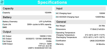CTOLITY AP1000 Portable Power Station 1024Wh Lifepo4 Battery Solar Generator AC Outlets Pure Sinve Wave Energy Storage Supply Ai-TechWorld 
