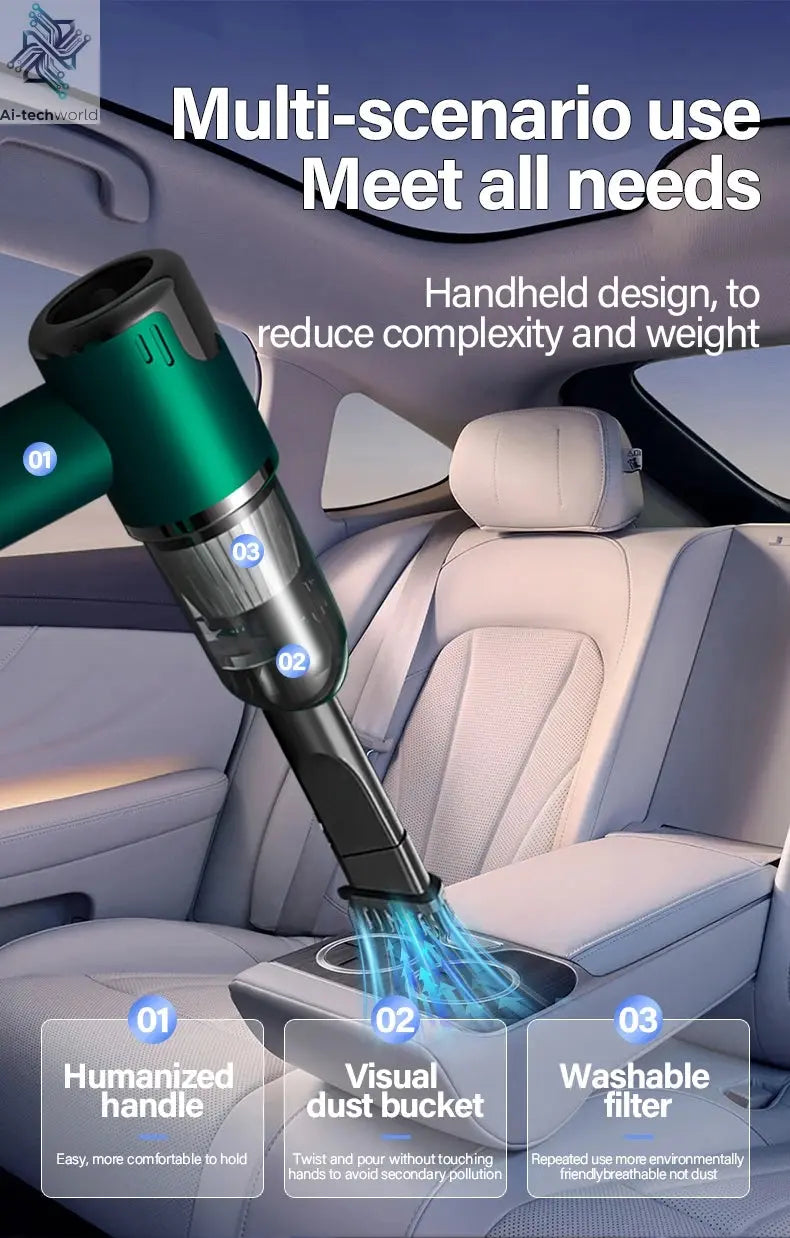 Car and home dual-purpose cordless vacuum cleaner, 3-in-1 rechargeable powerful handheld vacuum cleaner, 2000*2 battery Ai-TechWorld 