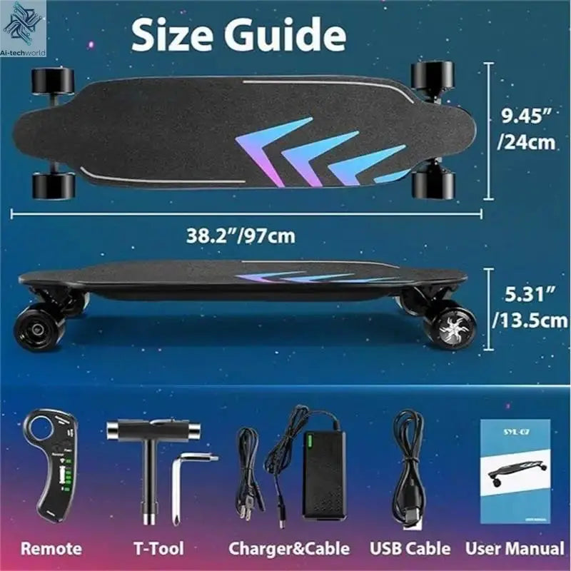 Caroma 38" Electric Skateboard with Remote Control, 1200W Brushless Motor, 28 MPH Top Speed, 300 lbs Max Load, Safety Glow Paper Ai-TechWorld 