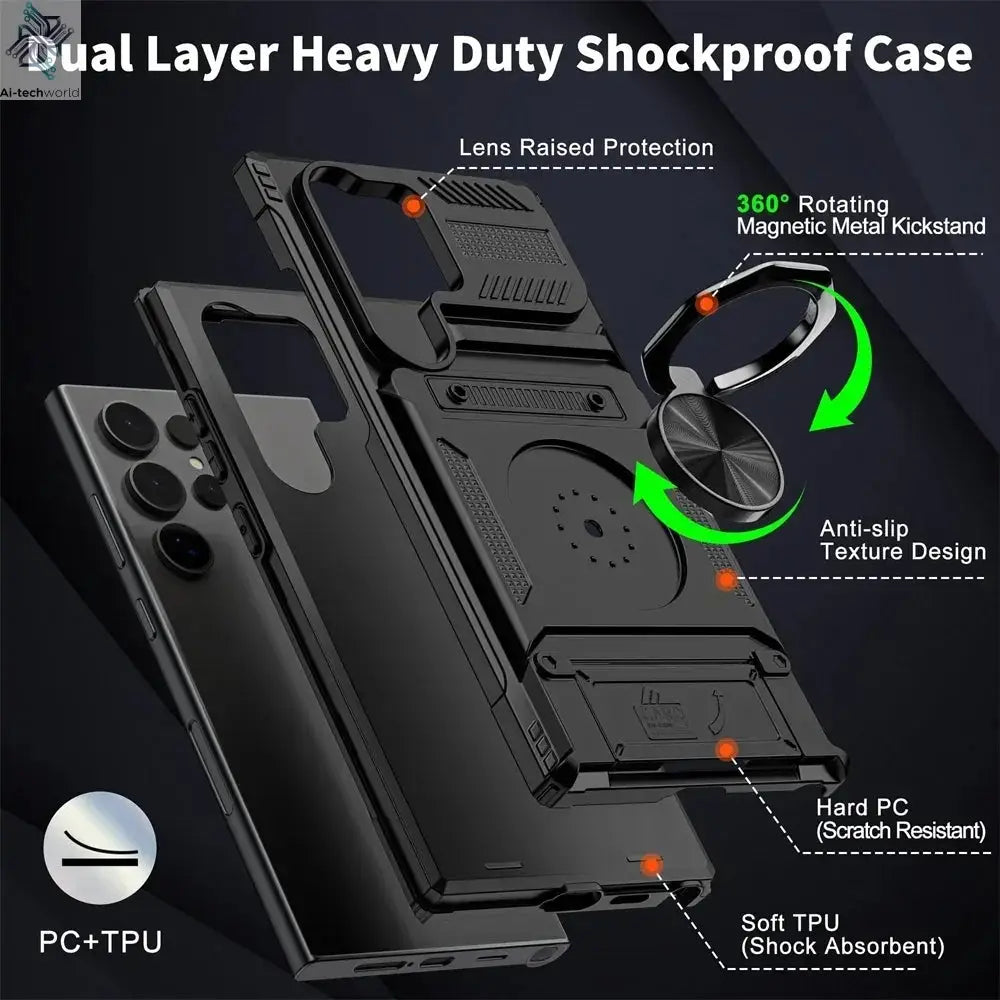 Case For Samsung Galaxy S26 Plus S25 edge S24 S23 Ultra FE S25FE Magnetic Rotated Ring Kickstand Heavy Protection Wallet Cover Ai-TechWorld 