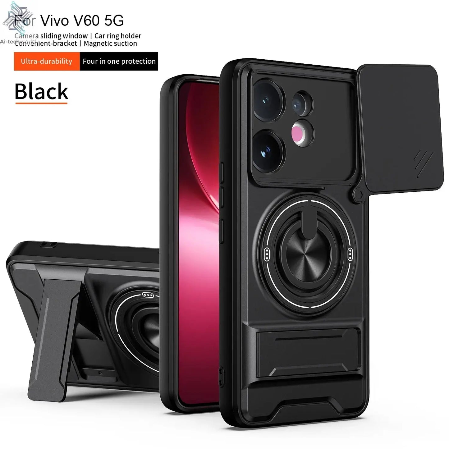 Case For Vivo V60 S30 T4 Pro Armored hard shell 360°rotating magnetic ring holder phone case protective cover For V60 S30 T4 Pro Ai-TechWorld 