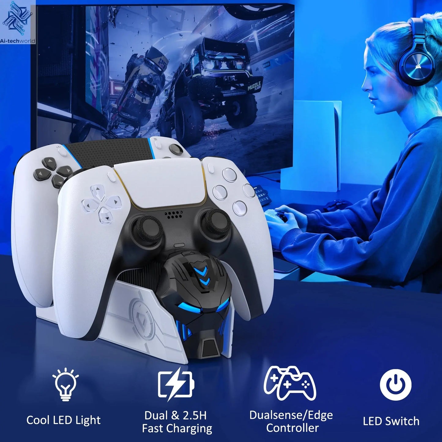 Charger For Sony Play Station Playstation PS 5 PS5 Controller Control Dualsense Stand Accessories Gamepad Support Command Holder Ai-TechWorld 