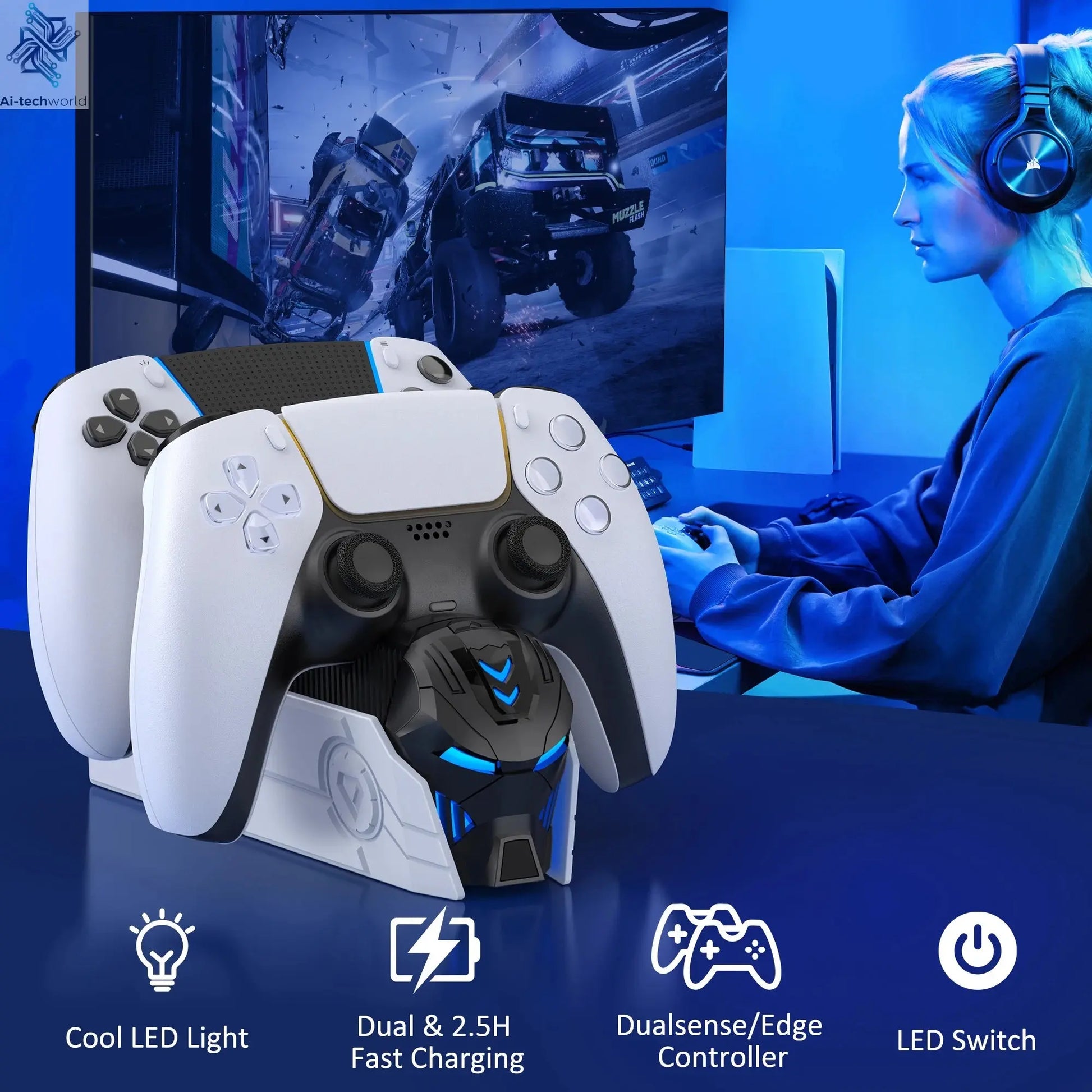 Charger For Sony Play Station Playstation PS 5 PS5 Controller Control Dualsense Stand Accessories Gamepad Support Command Holder Ai-TechWorld 