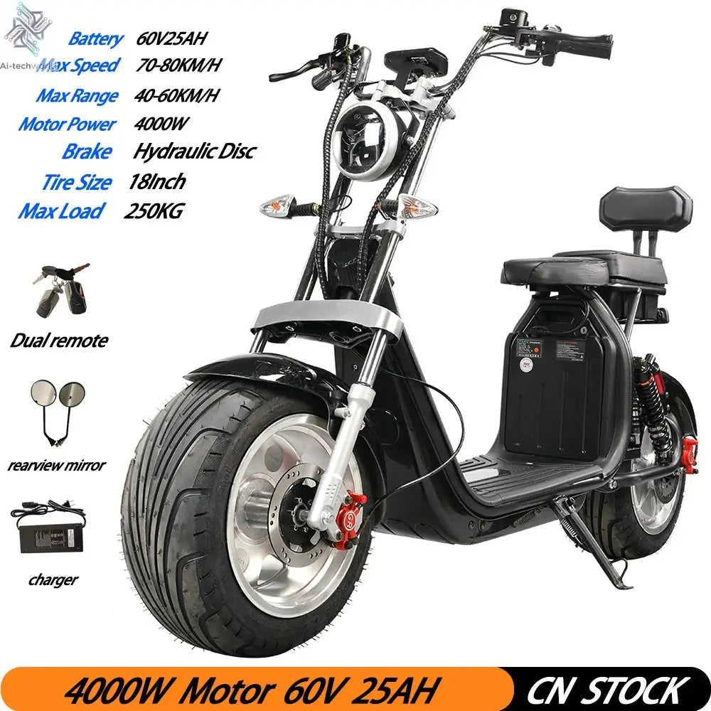 Citycoco Electric Scooter 4000W Powerful Motor Max Speed 60-70KM/H 60V25AH Battery Charging Mileage 40-60KM Max Load 250KG - Ai-TechWorld