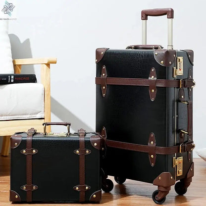 Classic Retro Suitcase 20/24/26inch PP+PC Travel Suitcase Large Capacity Handmade Leather Suitcase Travel Set with Makeup Case Ai-TechWorld 