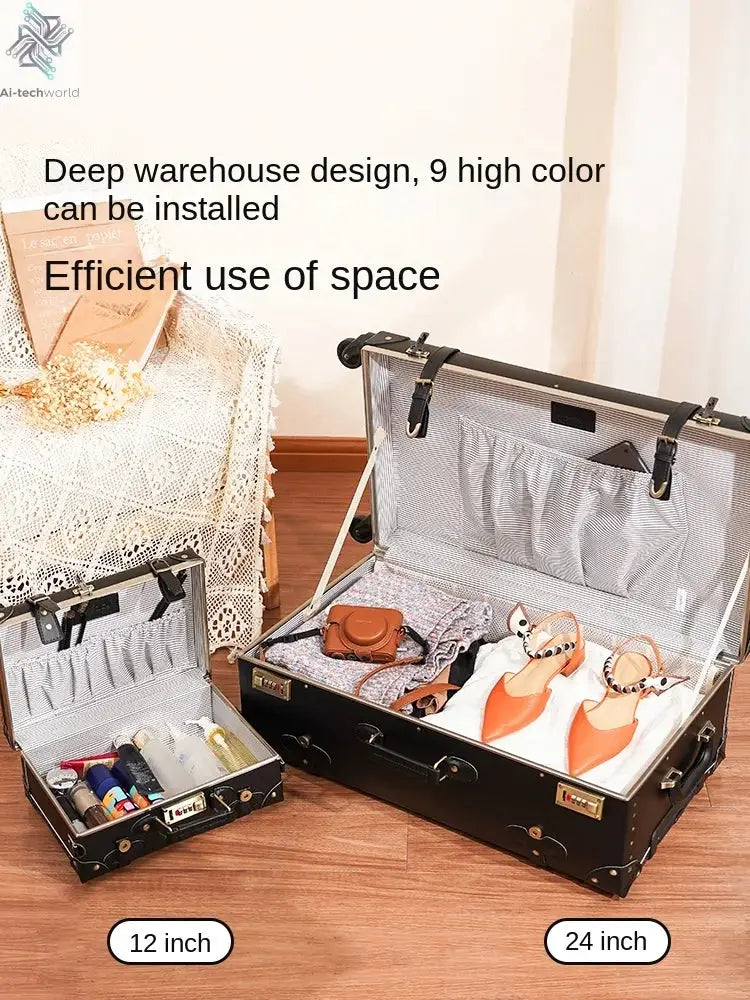 Classic Retro Suitcase 20/24/26inch PP+PC Travel Suitcase Large Capacity Handmade Leather Suitcase Travel Set with Makeup Case Ai-TechWorld 