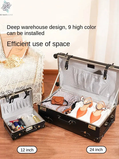 Classic Retro Suitcase 20/24/26inch PP+PC Travel Suitcase Large Capacity Handmade Leather Suitcase Travel Set with Makeup Case Ai-TechWorld 