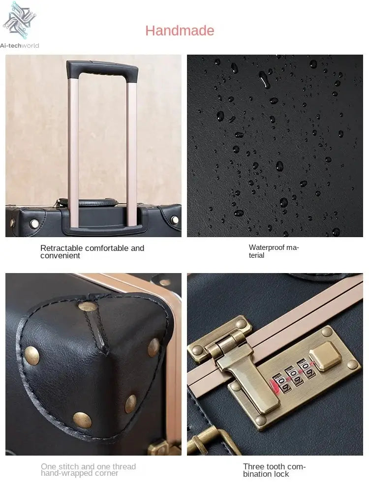 Classic Retro Suitcase 20/24/26inch PP+PC Travel Suitcase Large Capacity Handmade Leather Suitcase Travel Set with Makeup Case Ai-TechWorld 
