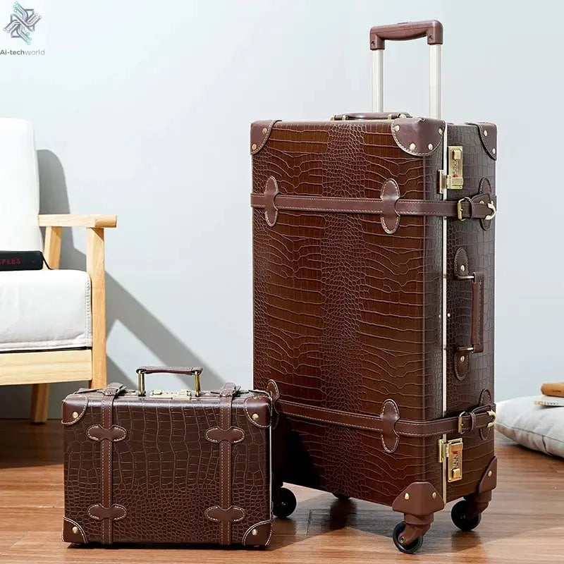 Classic Retro Suitcase 20/24/26inch PP+PC Travel Suitcase Large Capacity Handmade Leather Suitcase Travel Set with Makeup Case Ai-TechWorld 