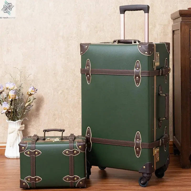 Classic Retro Suitcase 20/24/26inch PP+PC Travel Suitcase Large Capacity Handmade Leather Suitcase Travel Set with Makeup Case Ai-TechWorld 