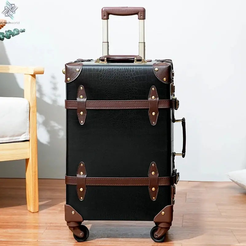 Classic Retro Suitcase 20/24/26inch PP+PC Travel Suitcase Large Capacity Handmade Leather Suitcase Travel Set with Makeup Case Ai-TechWorld 