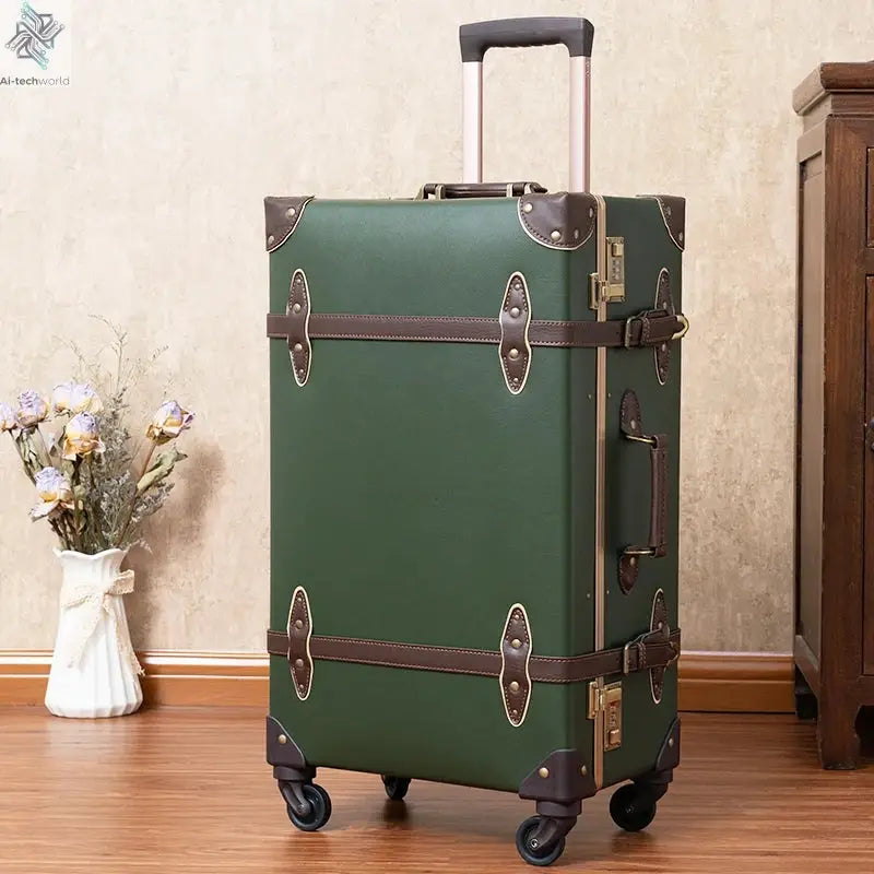 Classic Retro Suitcase 20/24/26inch PP+PC Travel Suitcase Large Capacity Handmade Leather Suitcase Travel Set with Makeup Case Ai-TechWorld 