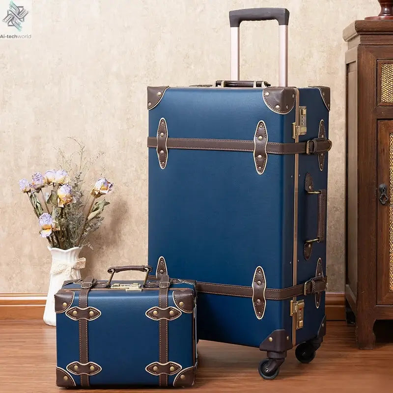 Classic Retro Suitcase 20/24/26inch PP+PC Travel Suitcase Large Capacity Handmade Leather Suitcase Travel Set with Makeup Case Ai-TechWorld 