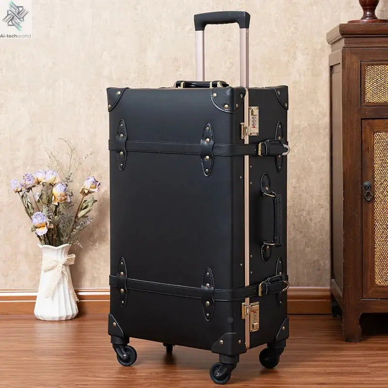 Classic Retro Suitcase 20/24/26inch PP+PC Travel Suitcase Large Capacity Handmade Leather Suitcase Travel Set with Makeup Case Ai-TechWorld 