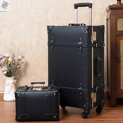 Classic Retro Suitcase 20/24/26inch PP+PC Travel Suitcase Large Capacity Handmade Leather Suitcase Travel Set with Makeup Case Ai-TechWorld 