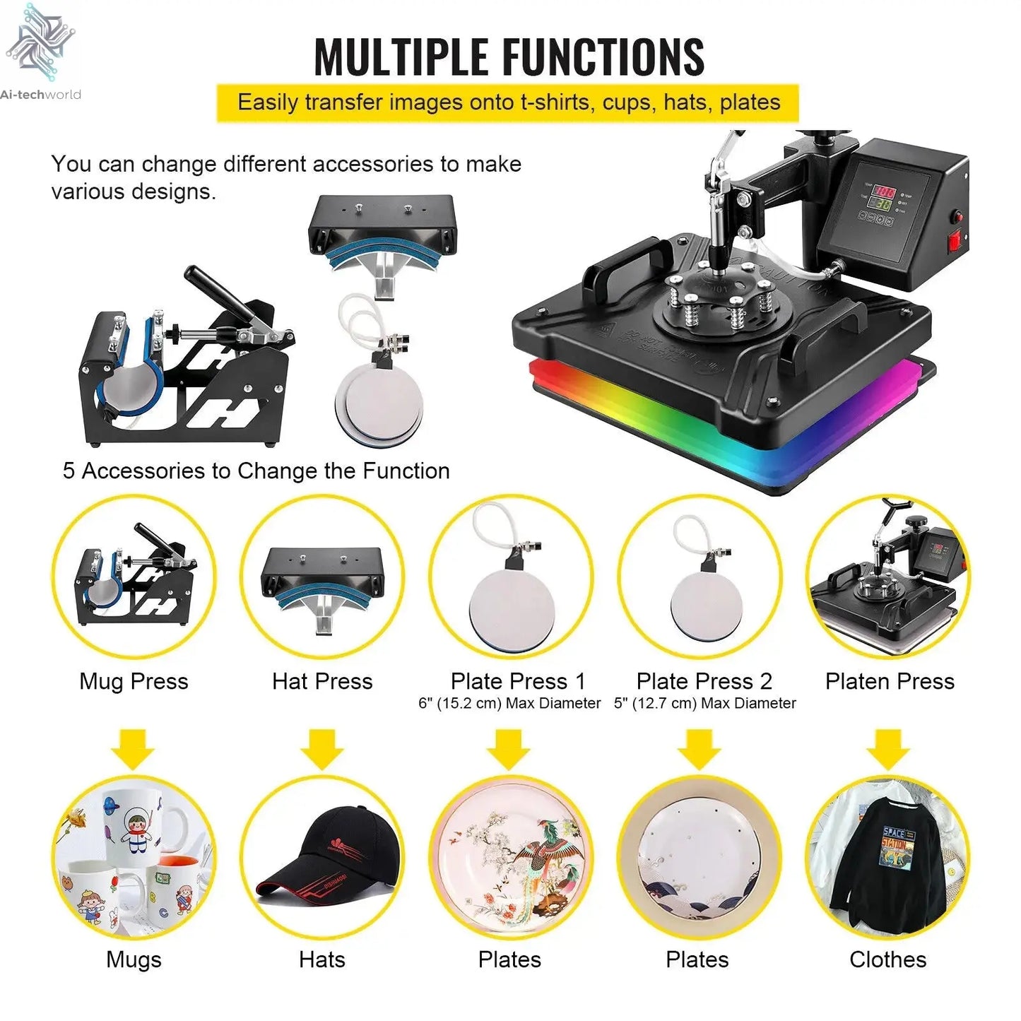 SucceBuy Combo Heat Press Machine 5/6/8 in 1 30*38CM 38*38CM Muntifunctional Sublimation Printer Transfer Mug Hat Plate T-Shirt Ai-TechWorld