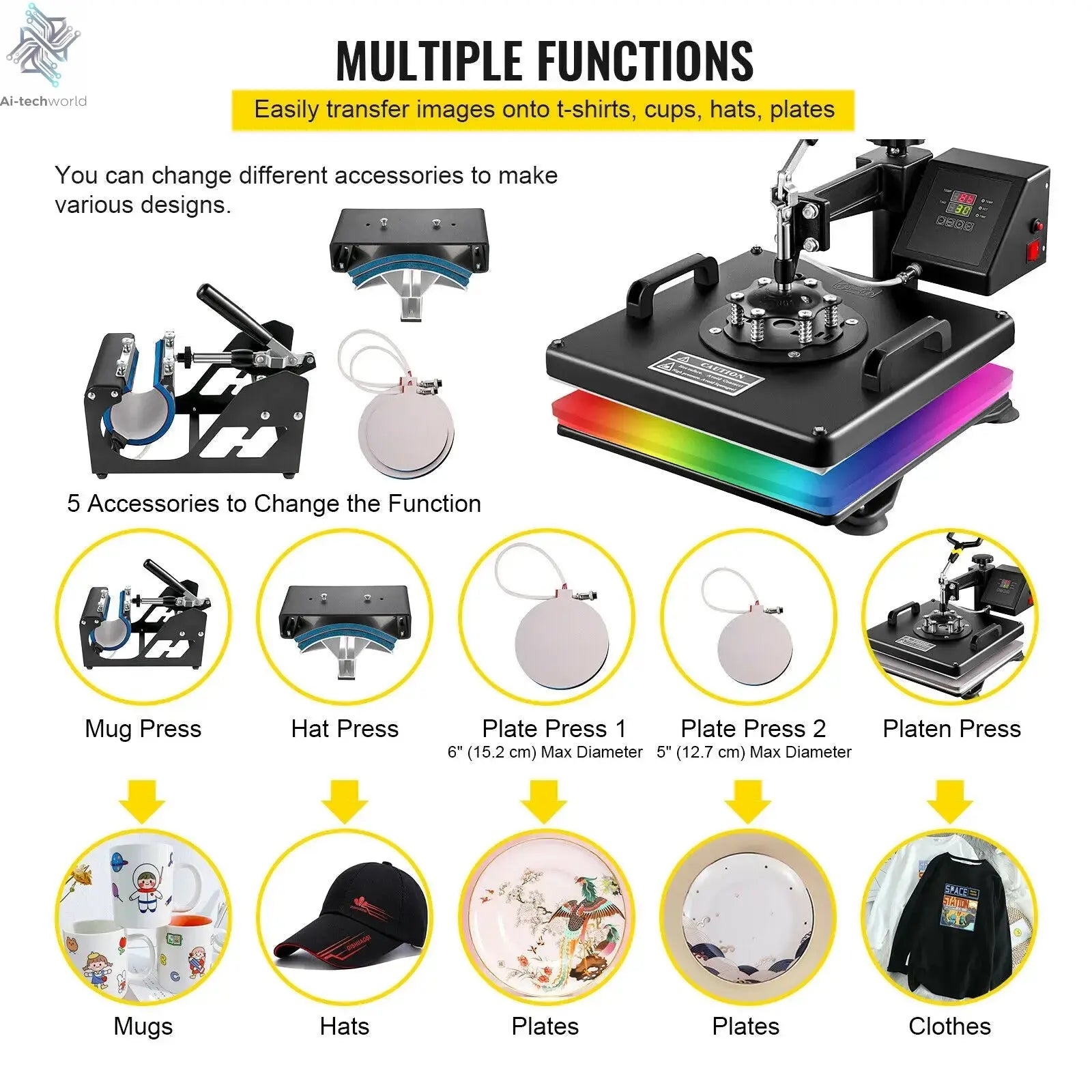 SucceBuy Combo Heat Press Machine 5/6/8 in 1 30*38CM 38*38CM Muntifunctional Sublimation Printer Transfer Mug Hat Plate T-Shirt Ai-TechWorld