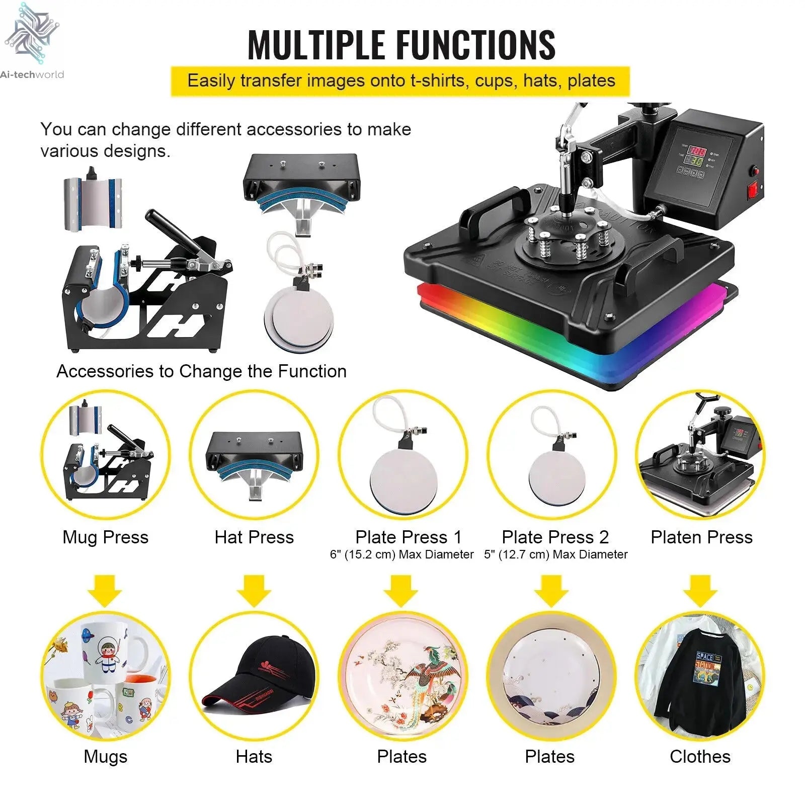 SucceBuy Combo Heat Press Machine 5/6/8 in 1 30*38CM 38*38CM Muntifunctional Sublimation Printer Transfer Mug Hat Plate T-Shirt Ai-TechWorld